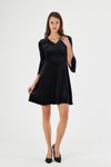 Siyah Mini V Yaka Kolu Volan Detaylı Kadife Elbise