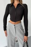 Siyah Ottoman Kumaş Çift Fermuarlı Crop Sweatshirt
