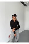 Siyah Ottoman Kumaş Çift Fermuarlı Crop Sweatshirt