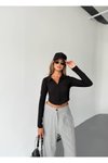 Siyah Ottoman Kumaş Çift Fermuarlı Crop Sweatshirt