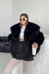 Siyah Oversize Kruvaze Yaka Kürk Mont