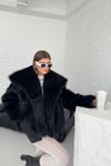 Siyah Oversize Kruvaze Yaka Kürk Mont