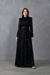 Siyah Uzun Kol Kemerli Pullu Tesettür Abiye Elbise