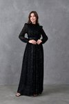 Siyah Uzun Kol Kemerli Pullu Tesettür Abiye Elbise