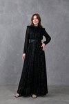 Siyah Uzun Kol Kemerli Pullu Tesettür Abiye Elbise