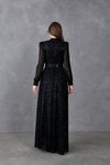 Siyah Uzun Kol Kemerli Pullu Tesettür Abiye Elbise