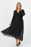 Siyah Uzun Kruvaze Yaka Bağlama Detaylı Büyük Beden Elbise