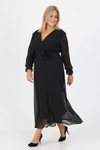Siyah Uzun Kruvaze Yaka Bağlama Detaylı Büyük Beden Elbise