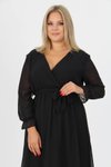Siyah Uzun Kruvaze Yaka Bağlama Detaylı Büyük Beden Elbise