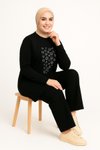 Siyah Zarif Önü Taş Detaylı Ve Bisiklet Yaka Tunik Pantolon İkili Tesettür Takım