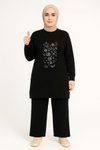 Siyah Zarif Önü Taş Detaylı Ve Bisiklet Yaka Tunik Pantolon İkili Tesettür Takım