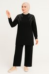 Siyah Zarif Taş Detaylı Tunik Pantolon İkili Tesettür Takım