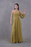 Yağ Yeşili Uzun Tek Omuz Askılı Tasarım Şifon Abiye Elbise