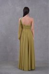 Yağ Yeşili Uzun Tek Omuz Askılı Tasarım Şifon Abiye Elbise