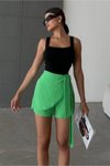 Yeşil Mini Keten Bağlama Detaylı Yüksek Bel Slim Fermuarlı Şık Trend Yazlık Şort Etek