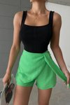 Yeşil Mini Keten Bağlama Detaylı Yüksek Bel Slim Fermuarlı Şık Trend Yazlık Şort Etek