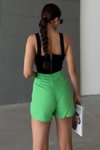 Yeşil Mini Keten Bağlama Detaylı Yüksek Bel Slim Fermuarlı Şık Trend Yazlık Şort Etek