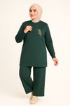 Yeşil Şık Zarif Kuş Taş Detaylı Ve Bisiklet Yaka Tunik Pantolon İkili Tesettür Takım