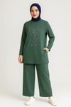 Yeşil Zarif Önü Taş Detaylı Ve Bisiklet Yaka Tunik Pantolon İkili Tesettür Takım