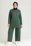 Yeşil Zarif Önü Taş Detaylı Ve Bisiklet Yaka Tunik Pantolon İkili Tesettür Takım