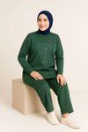 Yeşil Zarif Önü Taş Detaylı Ve Bisiklet Yaka Tunik Pantolon İkili Tesettür Takım