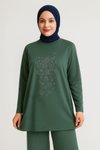 Yeşil Zarif Önü Taş Detaylı Ve Bisiklet Yaka Tunik Pantolon İkili Tesettür Takım