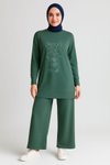 Yeşil Zarif Önü Taş Detaylı Ve Bisiklet Yaka Tunik Pantolon İkili Tesettür Takım