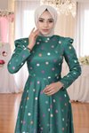 Zümrüt Çiçekli Puantiyeli Saten Tesettür Abiye Elbise