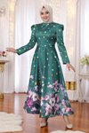 Zümrüt Çiçekli Puantiyeli Saten Tesettür Abiye Elbise