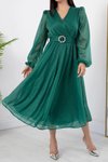 Zümrüt Yeşili Midi Kruvaze Simli Elbise