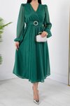 Zümrüt Yeşili Midi Kruvaze Simli Elbise