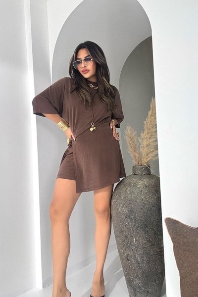 Acı Kahve Mini Modal Kumaş Kapaklı Şort Etek