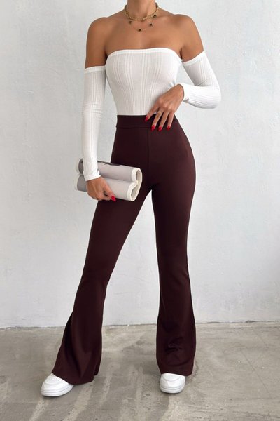 Dark Brown High Waist Shaping Flared Steel Knit Legging Pants