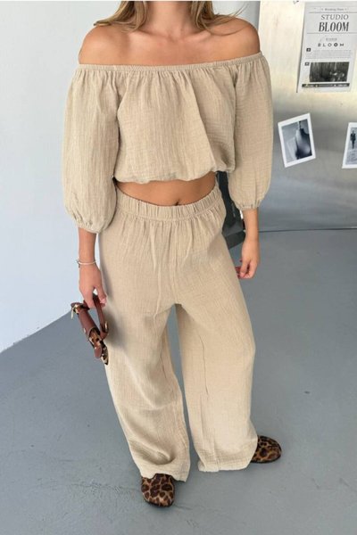 Bej Müslin Kumaş Madonna Yaka Alt Üst İkili Takım
