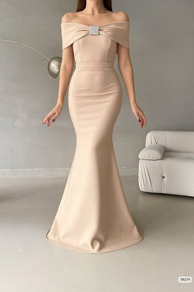 Beige Long Madonna Neck Stone Detail Scuba Fabric Fishtail Evening Gown