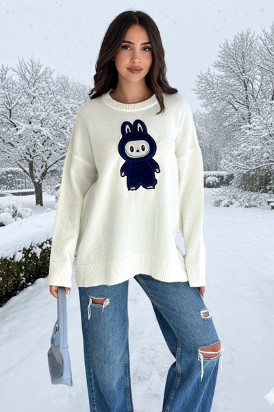 White Labubu Appliqué Embroidered Oversize Knitted Sweater with Grey, Burgundy, Yellow, Blue, Navy Blue, Pink Details