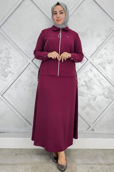 Bordo Büzgü Detaylı İkili Tesettür Takım