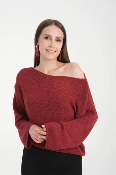 Bordo Düşük Omuz Oversize Kazak