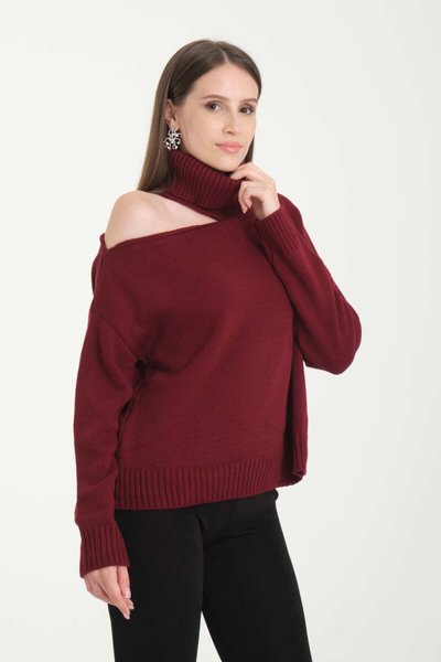 Bordo Omuz Detay Boğazlı Oversize Kazak