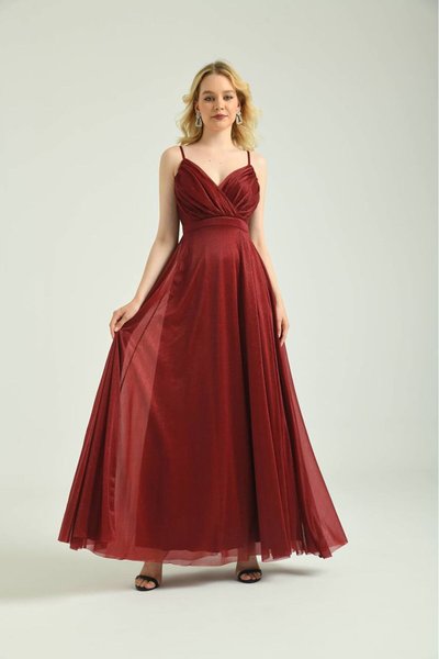 Bordo Uzun Askılı Abiye Elbise