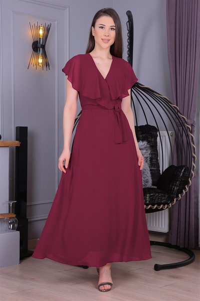 Bordo Uzun Bağlama Detaylı Şifon Elbise