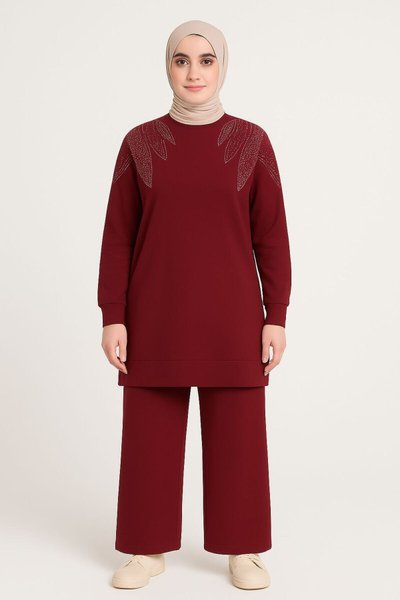 Burgundy Elegant Stone Detailed Two-Piece Tunic and Pants Modest Set