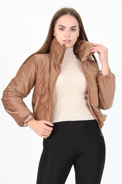 Camel High Collar Zipper Detailed Pocketed Winter Velvet Coat
