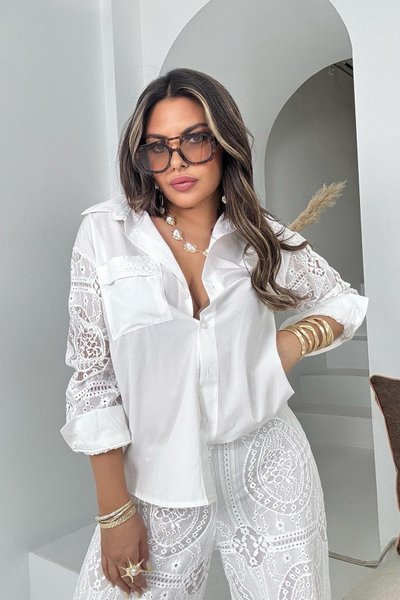 Ecru Poplin Shirt with Lace Trim