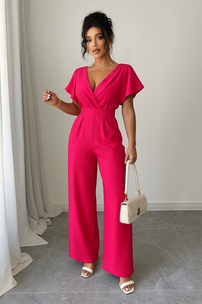 Fuchsia Short Sleeve Wrap Neck Self-Belted Jumpsuit