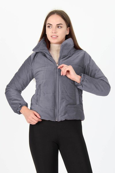 Grey High Collar Zipper Detailed Pocketed Winter Velvet Coat