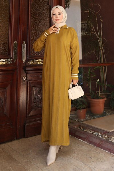 Khaki Button-Detailed Knitted Modest Dress