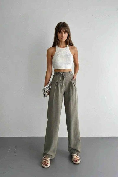 Khaki Linen Tie-Up Back Elasticated Palazzo Pants