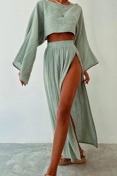 Khaki 100% Cotton Muslin Summer Beach – Crop Top And High Slit Skirt Two-Piece Set