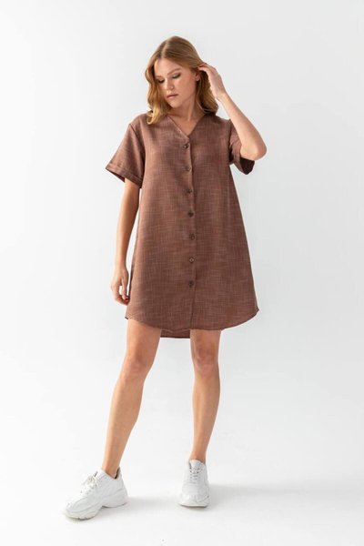 Kahverengi Mini Katlamalı Kısa Kollu Keten Kumaş Geniş Kesim Gömlek Elbise